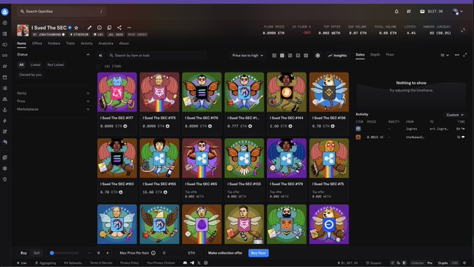 An OpenSea NFT marketplace page displaying a collection called 'I Swed The SEC' with various cartoon characters priced around 0.0008 ETH each.