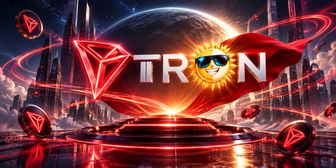 The image features a futuristic landscape with the word "TRON" prominently displayed alongside a smiling sun mascot wearing sunglasses, a red flowing banner, and floating diamond-shaped tokens associated with TRON's cryptocurrency. This visual ties into the post's message about SUN.io powering DeFi on the TRON blockchain, symbolizing the sun branding of SUN.io merged with TRON's iconic red and diamond imagery to represent their integrated ecosystem.