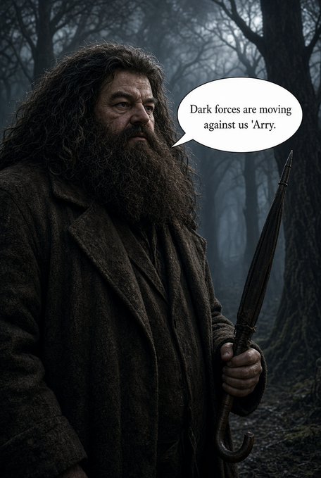 A rugged, bearded man in a dark coat holds an umbrella in a misty forest, with a speech bubble stating "Dark forces are moving against us 'Arry." The image plays on the "dark forces" theme from the post, using the quote humorously to dramatize the unexplained drop in the mining pool's hashrate.