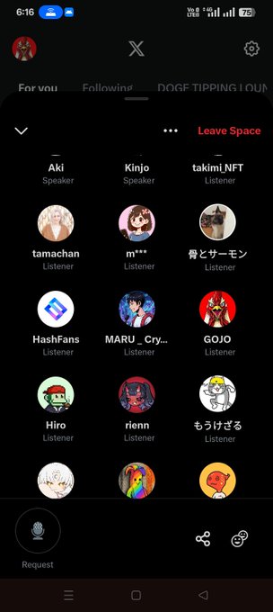 Screenshot of an X (Twitter) Space audio room titled 'DOGF TIPPING I OUI' showing multiple speakers and listeners with anime-style profile pictures.