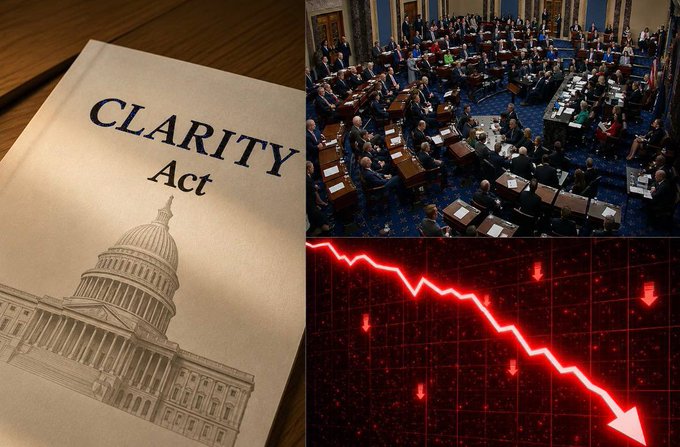 A collage featuring the "Clarity Act" alongside an image of the Senate chamber and a downward-trending red chart, illustrating the urgent deadline facing the cryptocurrency legislation as the Senate's August recess approaches.