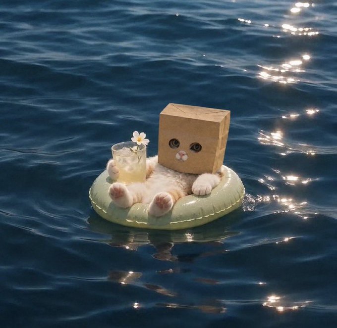 A white cat with a paper bag over its head floats serenely on a small inflatable raft in the ocean, holding a refreshing drink garnished with a flower while the water sparkles around it. The image perfectly captures the post's message about patience—staying calm and unbothered despite the volatile waters of crypto trading, embodying the relaxed conviction needed to outlast red candles and make generational gains.