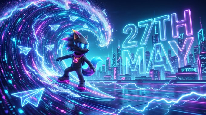 The image features a cartoon character, likely Sonic the Hedgehog, riding a surfboard with neon lights surrounding him. The background of the image displays a city skyline at night, with neon signs illuminating the scene. The caption "Good morning CTs Can I get GM Back? Today everything in the Dropee thesis is converging at once. Telegram has taken complete control of TON with 1 billion users and just $0.0005 fees the biggest distribution upgrade any chain has received this cycle." highlights a connection between the image and the post, suggesting that Sonic's popularity might be related to the content displayed on the post.