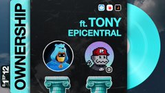 Album cover titled "n TONY EPICENTRAL" featuring cartoon characters on a teal vinyl record, with social media handles for Twitter and Instagram visible at the top.