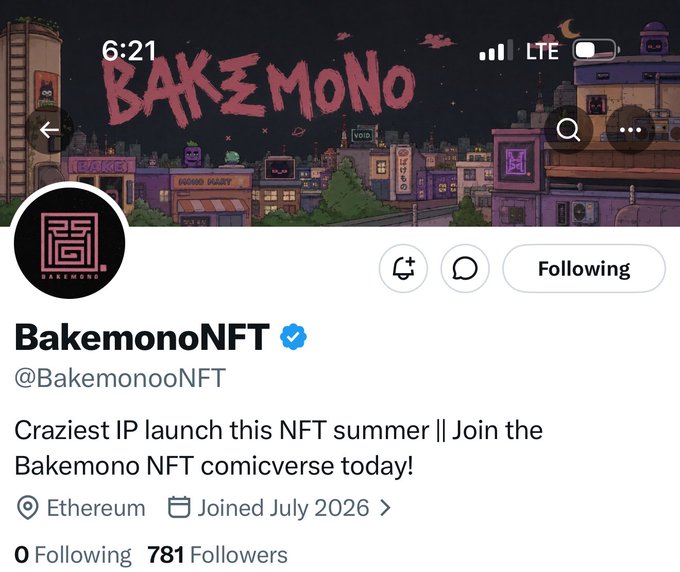 A Twitter profile for "BakemonoNFT" (@BakemonooNFT), a verified Ethereum-based NFT project with 781 followers, joining July 2026, featuring a pixel-art cityscape header. The post highlights the project as an upcoming IP launch in the NFT space, with the screenshot showcasing the account to follow and engage with for early access to the comicverse.