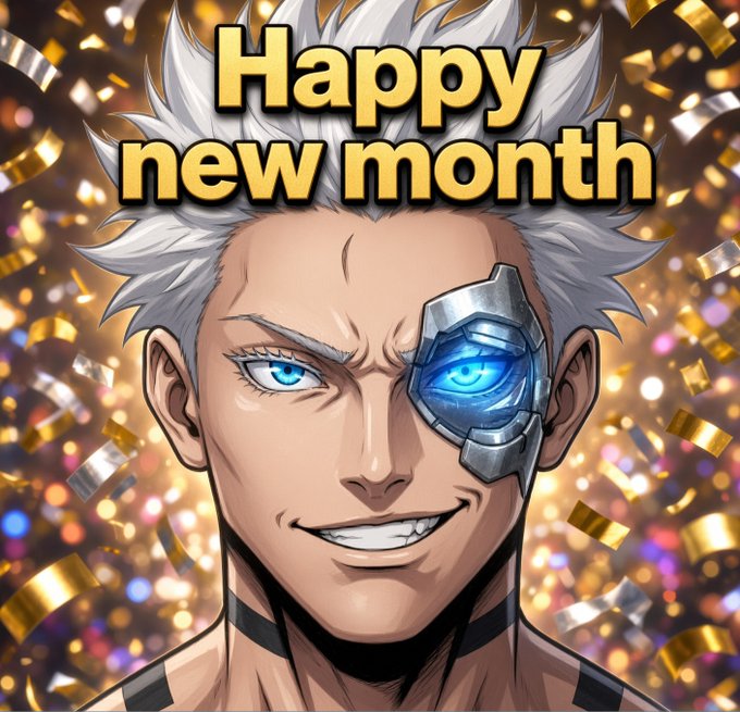An anime-style illustration of a character with spiky white hair and a mechanical blue glowing eye patch, smiling against a background of golden confetti, with text reading 'Happy new month'.