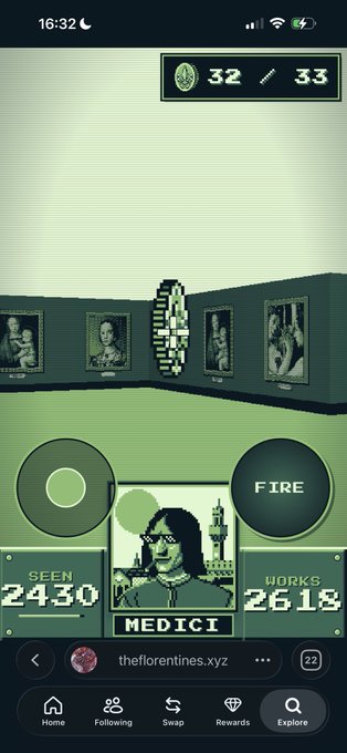 A mobile game screenshot showing the Medici family NFT collection from theflorentines.xyz, featuring a character card with stats 'SEEN 2430' and 'WORKS 2618' alongside Renaissance portraits.