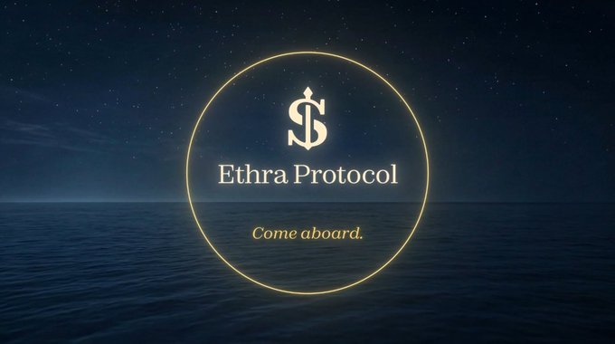 Dark promotional banner for Ethra Protocol featuring a gold circular logo with the tagline 'Come aboard' set against a starry night sky over ocean.