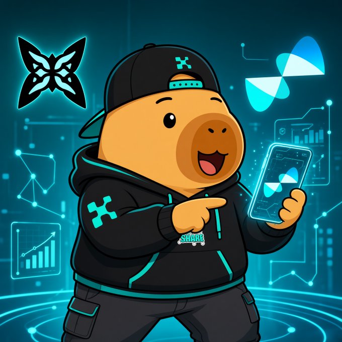 A cartoon mascot character wearing a black cap and hoodie with cyan accents, pointing at a holographic smartphone displaying data charts and graphs against a futuristic cyan tech-themed background.