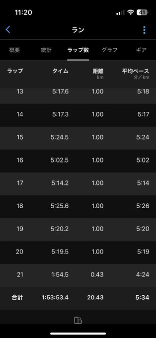 A smartphone screenshot of a running app displaying Japanese language lap data, with a total time of 1:53:53.4 over 20.43 km and an average pace of 5:34/km across 21 laps. The post reflects on a previous year's run where the user encountered a dog, connecting to this past activity log being reviewed.