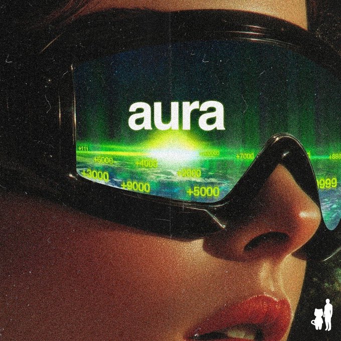 A close-up of a person wearing sunglasses reflecting a green Earth-like scene with the word 'aura' and various positive numbers (+9000, +5000, +3000) overlaid.