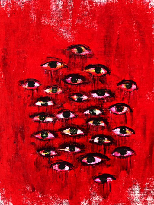 A striking red painting featuring numerous realistic eyes with pink and yellow irises scattered across the canvas, each appearing to weep down the red surface.