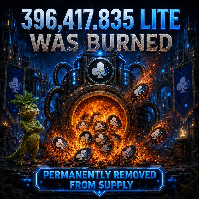 A promotional graphic reads "396,417.835 LITE WAS BURNED" and "PERMANENTLY REMOVED FROM SUPPLY", featuring a burning furnace filled with coins and an anthropomorphic lizard character on the left.