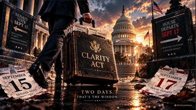 A political promotional graphic featuring the U.S. Capitol building, a briefcase labeled 'CLARITY ACT,' and signs reading 'SENATE VOTE SEPT 15' and 'HOUSE DEPARTS SEPT 17' with the tagline 'TWO DAYS. THAT'S THE WINDOW.' by @TheCryptoSquire.
