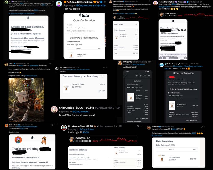 A collage of cryptocurrency-related tweets and order confirmations featuring $DOG purchases, thank-you messages, and community posts from various users.