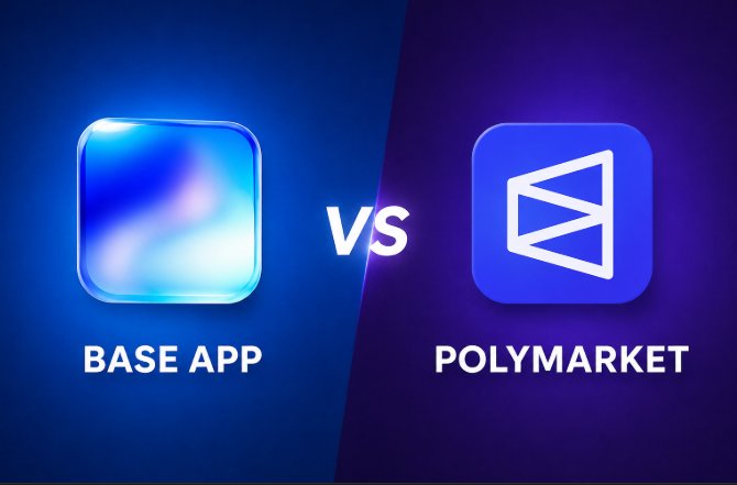 The image shows two different logos for a company named Base App and Polymarket. The logo for Base App has a blue square with a white triangle, while the logo for Polymarket features a blue square with a white triangle as well. Both logos are in shades of blue against a dark purple background. The caption below the images reads: "Good morning ct. @base vs @Polymarket which best? BASE Base is Coinbase's powerful Layer-2 blockchain, enabling fast, low-cost transactions while supporting builders, creators, and the next generation of Web3 innovation worldwide."