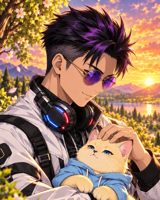 An anime-style illustration of a man with purple and black spiky hair, wearing sunglasses and headphones, petting a white cat in a blue hoodie against a scenic sunset landscape.