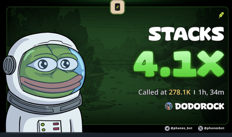 A picture of a Pepe the Frog character in an astronaut helmet with text showing 'STACKS 4.1x Called at 278.1K | 1h, 34m DoddRock'.