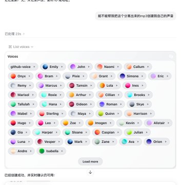 A screenshot showing a "VOICES" selection menu for the Sora app, displaying options like "github-voice," "Emily," "John," "Naomi," "Callum," and many others in a grid of colorful dots. This appears to be a voice selection interface, though its connection to the post about "Codex," "Seedance2.0," and burning tokens is unclear—the image seems to show a voice picker rather than something directly related to the mentioned AI models.