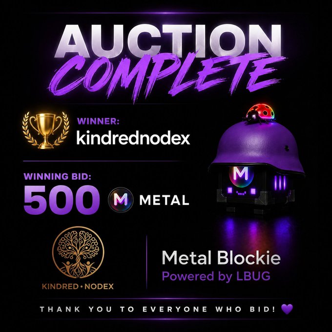 An "AUCTION COMPLETE" graphic announces that user "kindrednodex" won a "Metal Blockie" NFT (powered by LBUG) with a winning bid of 500 METAL tokens, thanking all bidders.