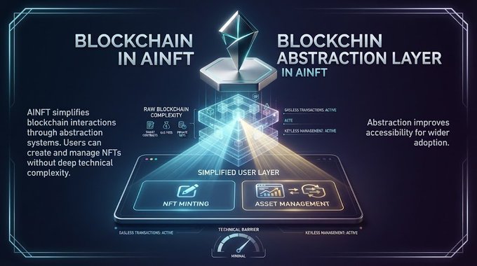 A tech infographic comparing 'BLOCKCHAIN IN AINFT' and 'BLOCKCHIN ABSTRACTION LAYER IN AINFT', explaining how abstraction simplifies NFT minting and asset management with a 'TECHNICAL BARRIER' meter set to minimal.