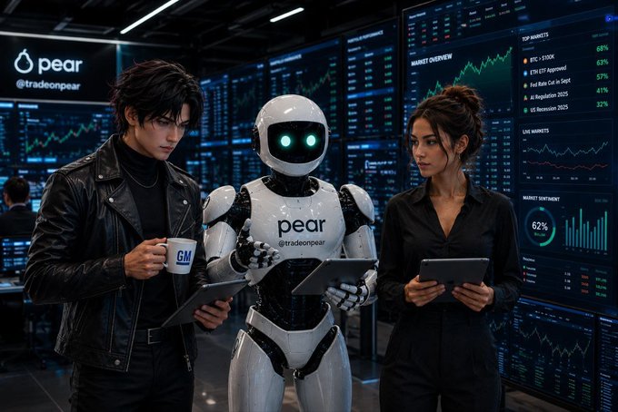A stylized digital scene featuring two people and a white humanoid robot labeled 'pear @tradeonpear' standing in front of multiple screens showing trading charts and market data.