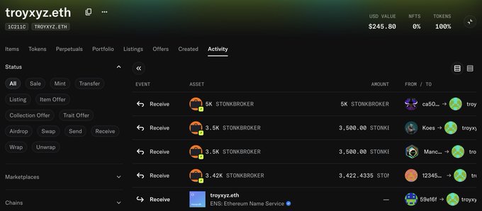 The image shows a wallet activity log for "troyxyz.eth" displaying multiple "Receive" transactions totaling over 17,000 $TONKBROKER tokens from various senders (cal50, Koez, Marc, t2345, 59e1df, and troyxyz), with a portfolio value of $245.80. This relates to the post about Troy losing his Stonkbroker tokens to scammers, as the activity log shows the community rallying to send him replacement $TONKBROKER tokens to help recover from the loss.