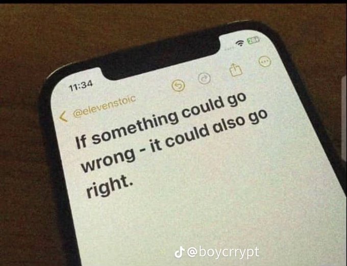A photo of a smartphone screen displaying a Twitter/X post from '@eleventstoic' that reads 'If something could go wrong - it could also go right.', with a TikTok watermark '@boycrypt' at the bottom.