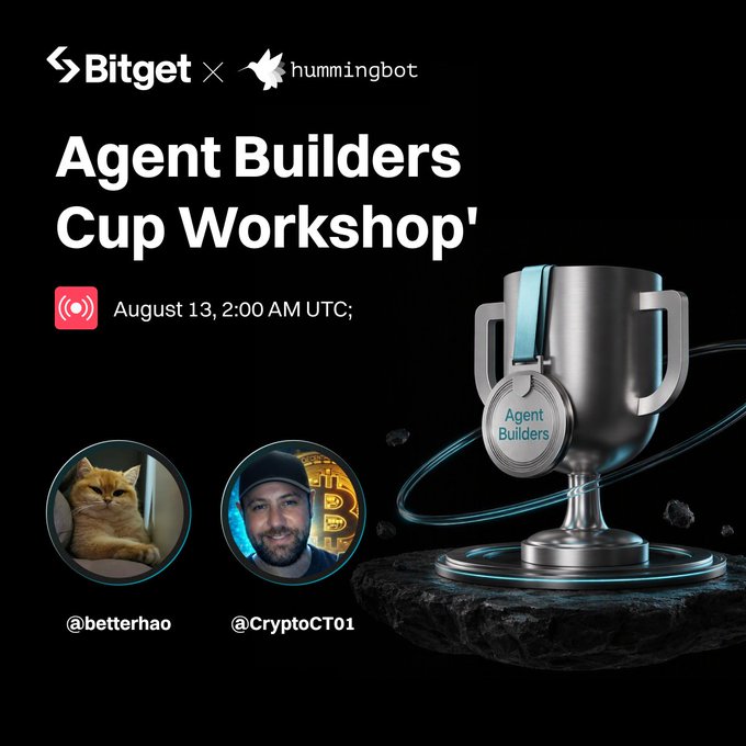 A promotional graphic for the "Agent Builders Cup Workshop" featuring Bitget × Hummingbot logos, scheduled for August 13 at 2:00 AM UTC, with hosts @betterhao and @CryptoCT01 pictured next to a silver trophy marked "Agent Builders." The image visually represents the workshop mentioned in the post, highlighting the collaboration between Bitget and Hummingbot for building AI trading agents.