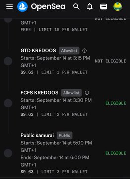 An OpenSea mobile app screen listing various allowlist and public NFT mints including GMT+1, GTD KREDOOS ($9.63), FCFS KREDOOS ($9.63, ELIGIBLE), and Public samurai ($9.63, ELIGIBLE), with eligibility indicators.