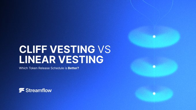 A Streamflow blog or article header titled 'CLIFF VESTING VS LINEAR VESTING - Which Token Release Schedule is Better?' displayed on a blue background featuring a spinning top visual.