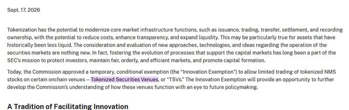A text snippet dated Sept. 17, 2026 discussing tokenization's potential to modernize core market infrastructure, mentioning the SEC's approval of a 'Tokenized Securities Venues' or 'TSVs' innovation exemption.