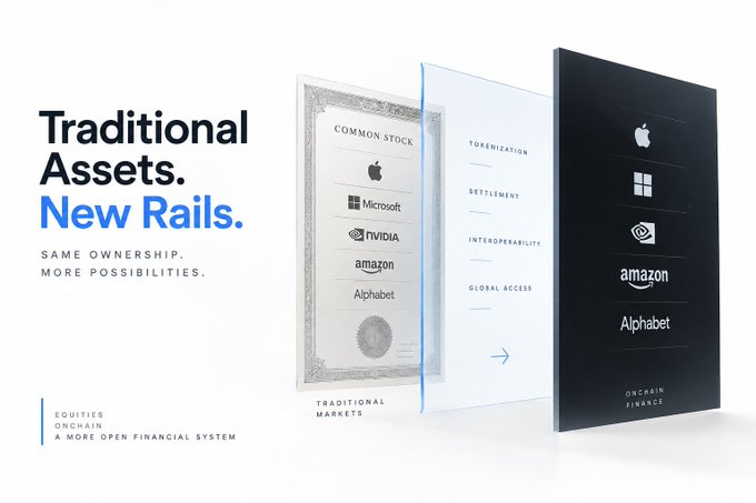 A promotional graphic titled "Traditional Assets. New Rails." showing a traditional stock certificate transitioning to an on-chain finance version, listing Apple, Microsoft, NVIDIA, Amazon, and Alphabet.