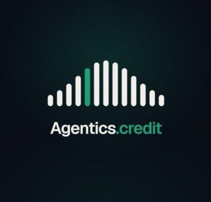 A logo for 'Agentics.credit' features a stylized green and white graphic resembling an equalizer or architectural arches above the brand name on a dark background.