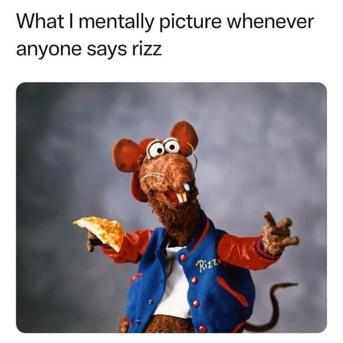A meme featuring Rizzo the Rat from the Muppets holding a slice of pizza, with caption "What I mentally picture whenever anyone says rizz."