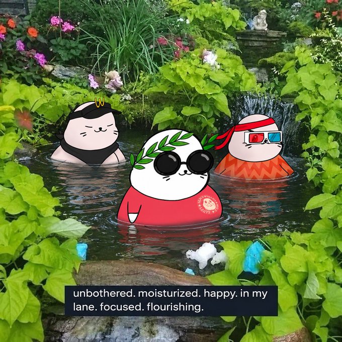 An image of a pond in a garden with cartoon characters and the text 'unbothered. moisturized. happy. in my lane. focused. flourishing.'