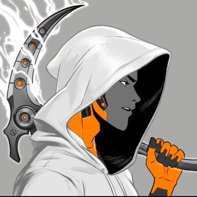 Stylized artwork of a hooded figure in white with an orange-accented mechanical weapon or staff, featuring orange glowing elements and a side profile view.