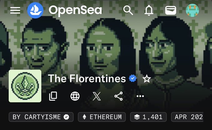 A screenshot of the OpenSea NFT marketplace showing the "The Florentines" collection by Cartyisme on the Ethereum blockchain, with 1,401 items and an April 2022 mint date, reflecting the user's recent purchase of a Florentines NFT.