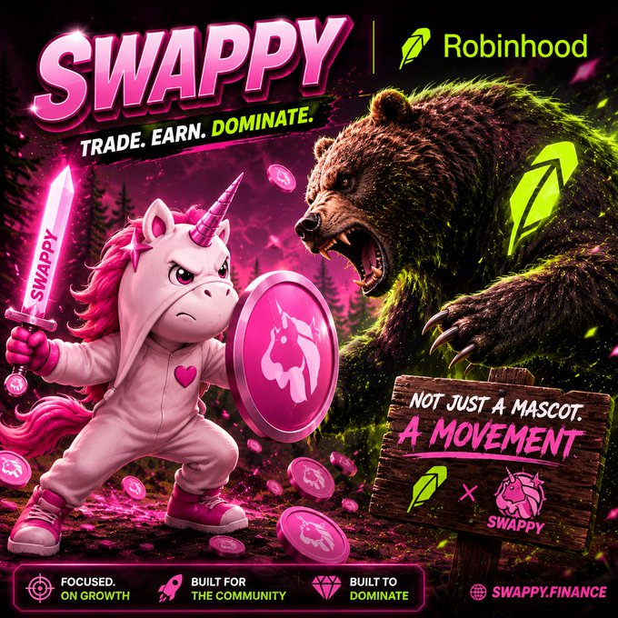 A promotional banner for $SWAPPY x Robinhood features a pink unicorn warrior wielding a sword and shield in combat against a fierce bear, embodying the "bull vs. bear" trading narrative, with the tagline "Trade. Earn. Dominate." and "Not just a mascot, a movement." The image ties to the post's bullish sentiment by visually depicting the $SWAPPY unicorn triumphantly charging into battle, symbolizing an incoming all-time high (ATH).