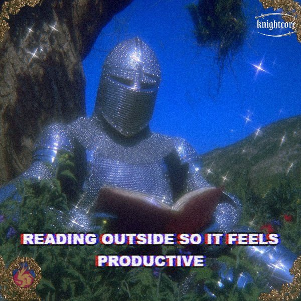 A stylized image depicts a knight in shining armor reading a book, with text overlay reading 'READING OUTSIDE SO IT FEELS PRODUCTIVE' and a 'knightcore' watermark.