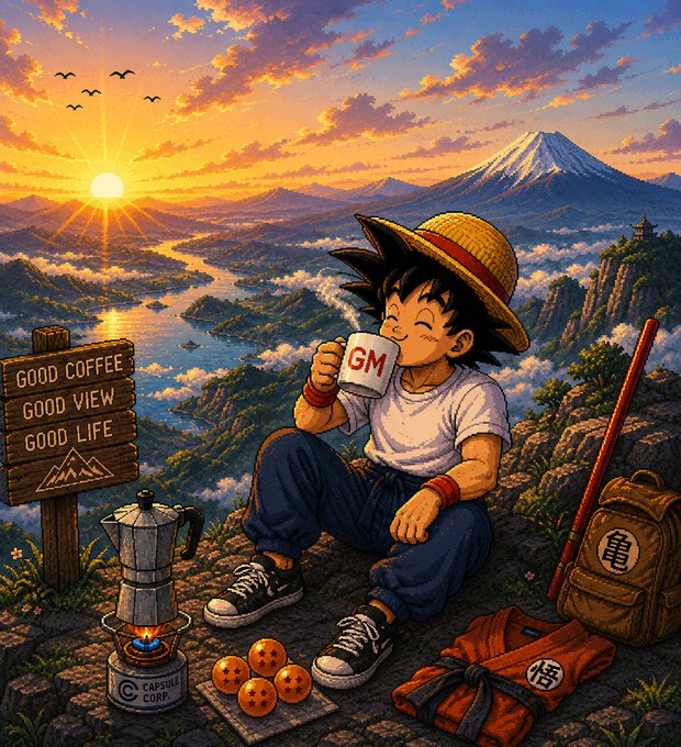 An anime-style illustration of a boy wearing a straw hat with a 'GM' mug, sitting on a mountain overlooking a sunset landscape with Mt. Fuji in the distance, next to a sign reading 'GOOD COFFEE, GOOD VIEW, GOOD LIFE' and a Capsule Corp. coffee pot.