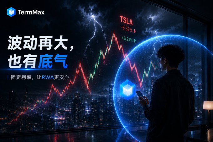 The image features a man standing near a window, looking at his cell phone displaying stock market information. The text on the screen reads "TermMax" and "RWA资产像 tokenized stocks一样 价格波动经常很大 但TermMax的固定利率机制 能帮你把借贷成本或收益提前锁死". The man is holding a cell phone, which displays the stock market information.

The image also includes a cityscape with buildings and a river in the background, creating an urban setting for the scene.