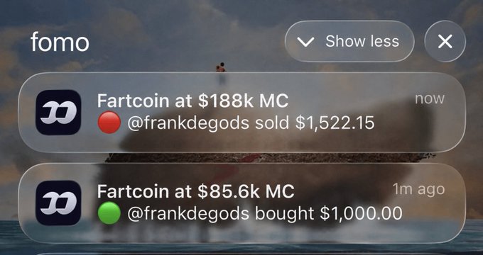 A "fomo" notification widget displays two real-time trade alerts for Fartcoin: "@frankdegods sold $1,522.15 at $188k MC" (now) and "@frankdegods bought $1,000.00 at $85.6k MC" (1m ago), humorously illustrating the regret of selling near the top after buying lower—capturing the painful FOMO moment of the Fartcoin trade.