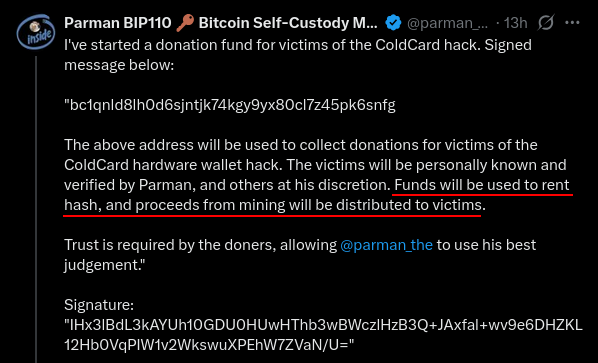 This image shows a tweet from "Parman BIP110" announcing a donation fund for victims of the "ColdCard hack", with a Bitcoin address and signature. The accompanying post warns that these funds will be used to rent hash and proceeds from mining, not direct reimbursement.