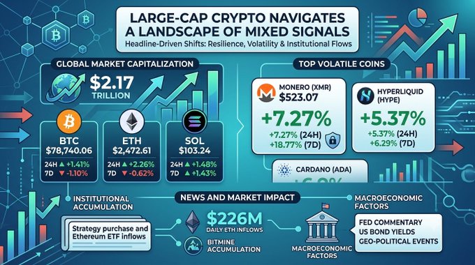 An infographic titled 'LARGE-CAP CRYPTO NAVIGATES A LANDSCAPE OF MIXED SIGNALS' showing a global market cap of $2.17 trillion, with BTC at $78,470.06 (+1.41%), ETH at $2,472.61 (+2.26%), SOL at $103.24 (+1.48%), and top volatile coins Monero (XMR) and Hyperliquid (HYPE).