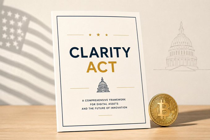 A printed document titled "CLARITY ACT — A Comprehensive Framework for Digital Assets and the Future of Innovation" is displayed next to a physical Bitcoin coin, with a faint American flag and Capitol dome in the background, visually reinforcing the post's message about regulatory clarity unlocking the next Bitcoin rally past $80K.