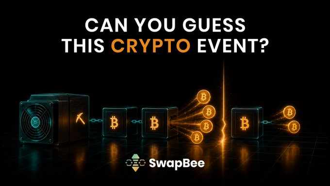 A promotional graphic featuring mining rigs and Bitcoin-themed cubes connected by glowing orange energy lines, with the text "CAN YOU GUESS THIS CRYPTO EVENT?" and the SwapBee logo, inviting followers to participate in a quiz contest with a $100 USDT prize pool.