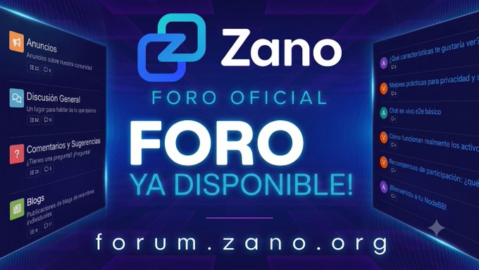 A promotional graphic in Spanish for the 'Zano Foro Oficial' (Official Forum), announcing 'YA DISPONIBLE!' (Now Available!) at forum.zano.org, showing forum categories like Anuncios, Discusión General, and Comentarios y Sugerencias.
