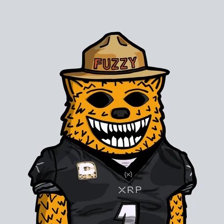 Cartoon illustration of an orange bear mascot wearing a tan hat labeled "FUZZY" and a black XRP jersey with the number 4, with an XRP patch on the chest.