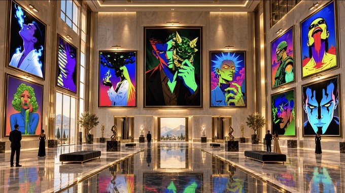 A grand, opulent hall with marble floors displaying large, vibrant pop-art portraits of various characters, including figures resembling Superman, Rick Sanchez, and Joker, with small people walking among the art.